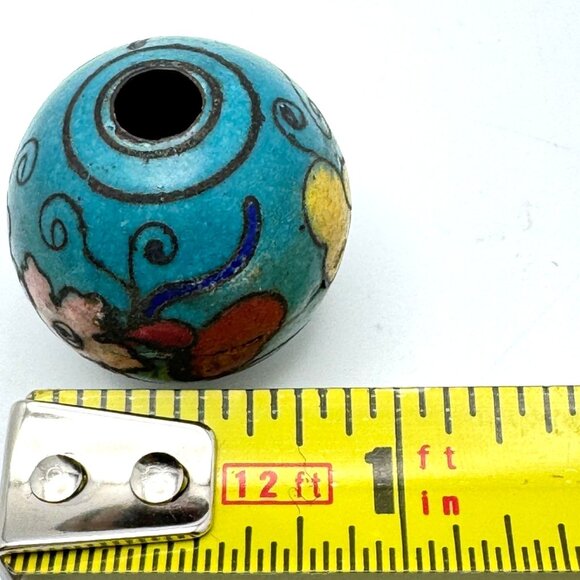 Cloisonné Floral Vtg Bead Hand-Painted Enamel Design Blue Red Yellow Green 24mm - Picture 2 of 7